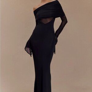 Meshki Kaitlin One Shoulder Slinky Mesh Black Long Sleeve Maxi Dress Size XXS